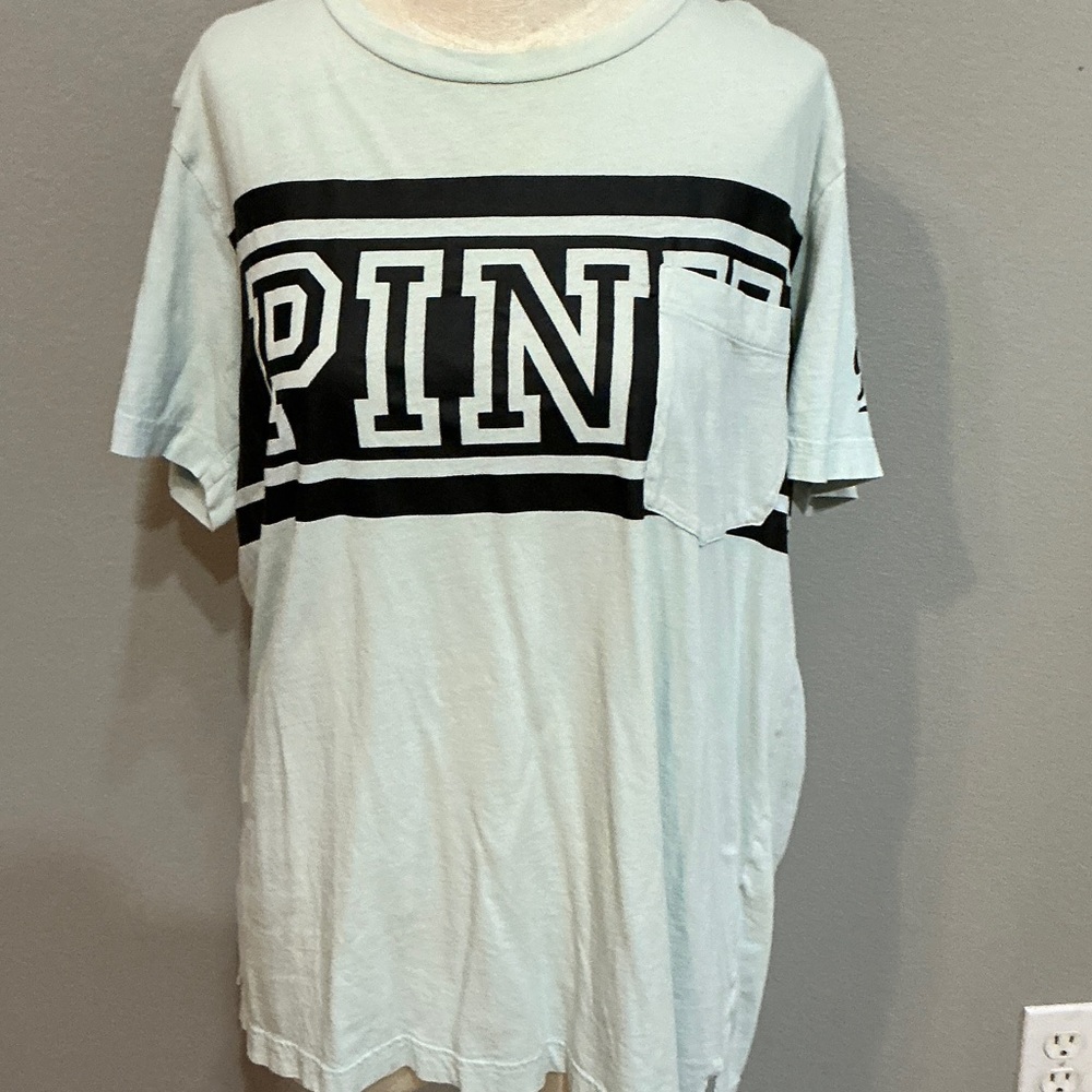 PINK Victoria's Secret Men's Light Blue Tee with Bold Logo